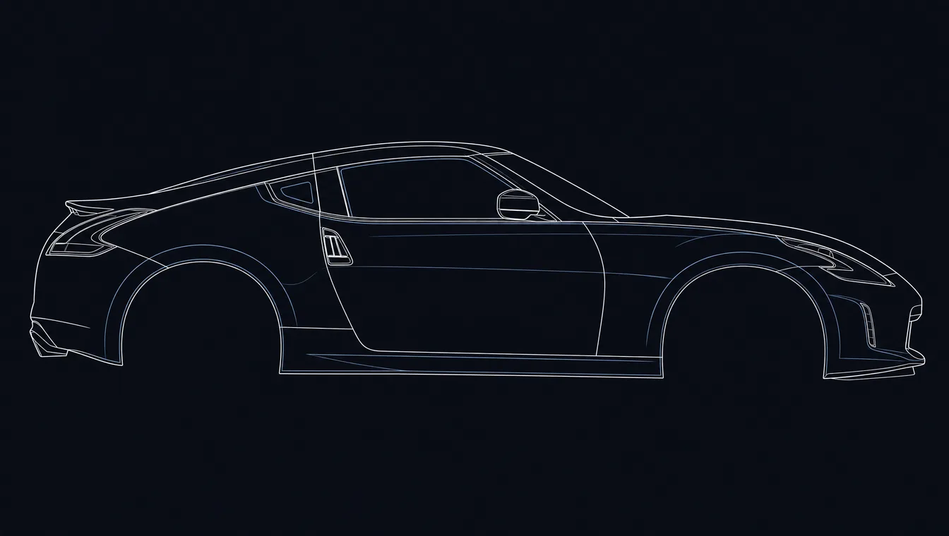 Nissan 370Z side-profile technical drawing in blueprint style