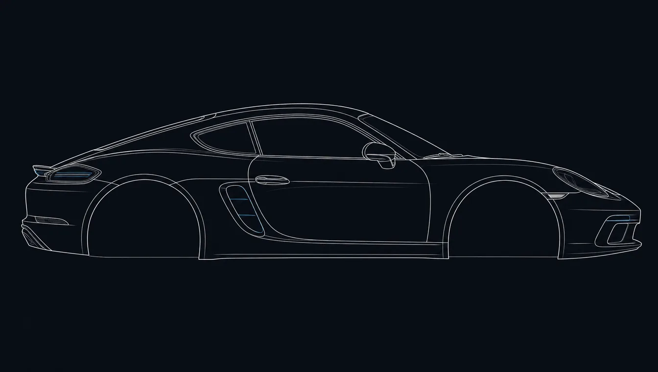 Porsche 718 side-profile technical drawing in blueprint style