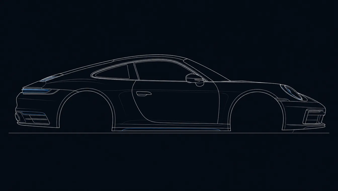 Porsche 911 side-profile technical drawing in blueprint style
