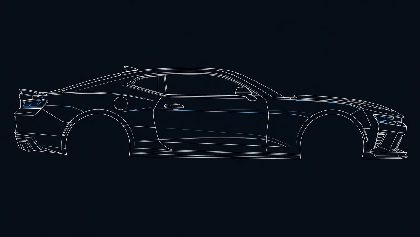 Chevrolet Camaro side-profile technical drawing in blueprint style