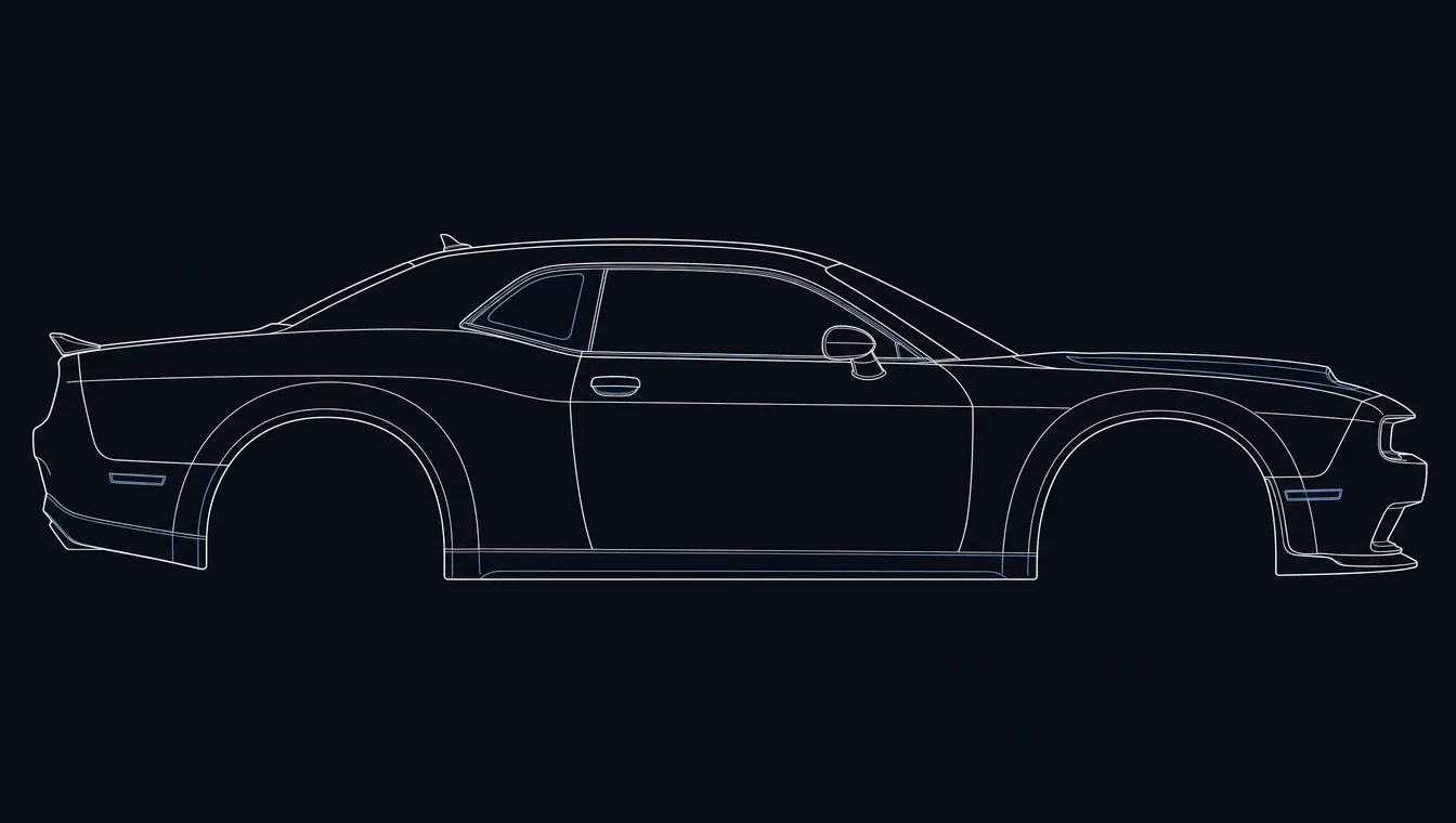 Dodge Challenger side-profile technical drawing in blueprint style