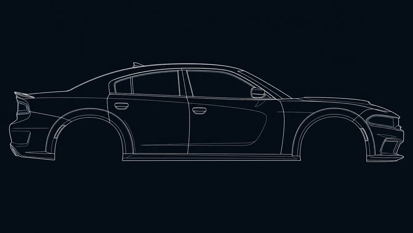 Dodge Charger side-profile technical drawing in blueprint style