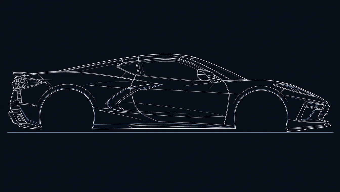 Chevrolet Corvette side-profile technical drawing in blueprint style