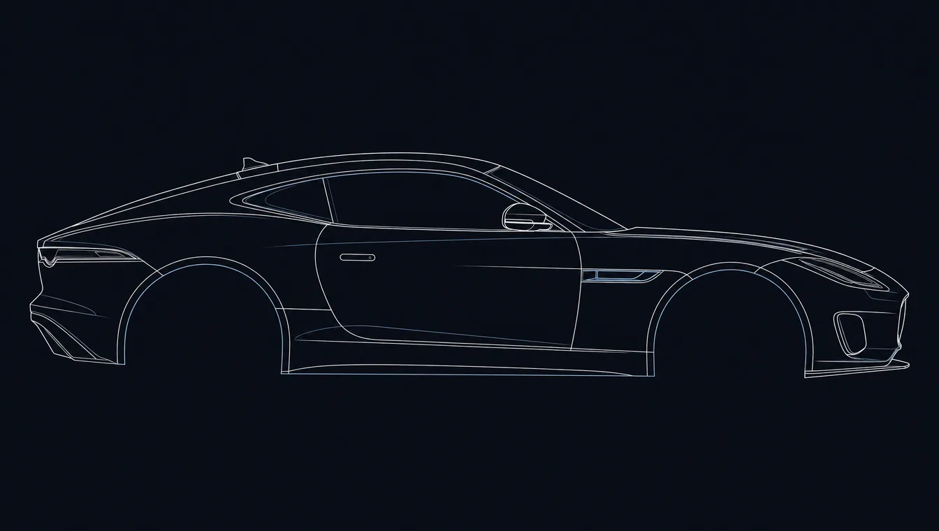 Jaguar F Type side-profile technical drawing in blueprint style