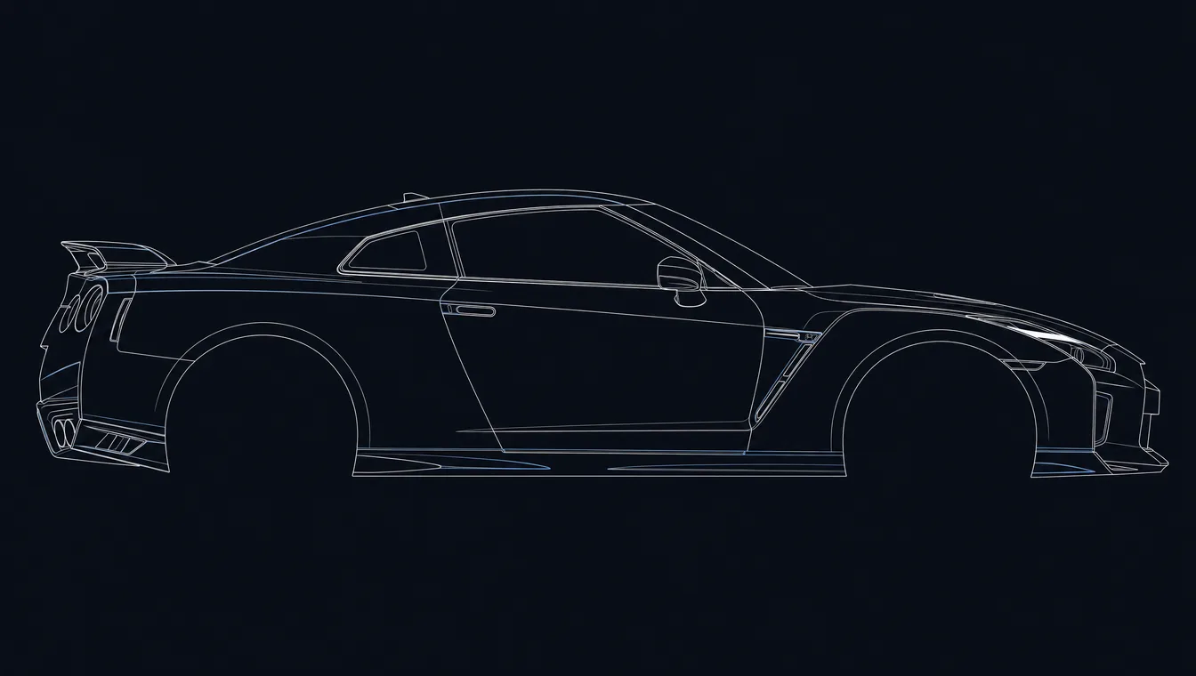 Nissan GT R side-profile technical drawing in blueprint style