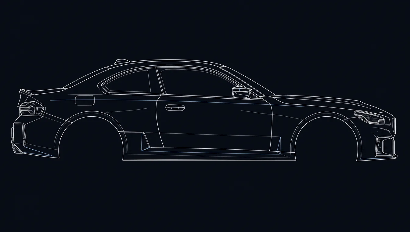 BMW M2 side-profile technical drawing in blueprint style