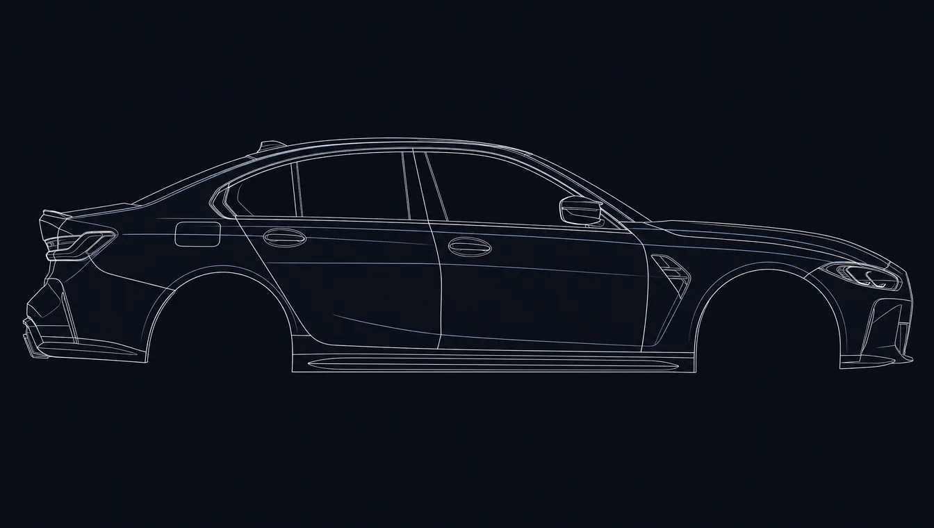 BMW M3 side-profile technical drawing in blueprint style