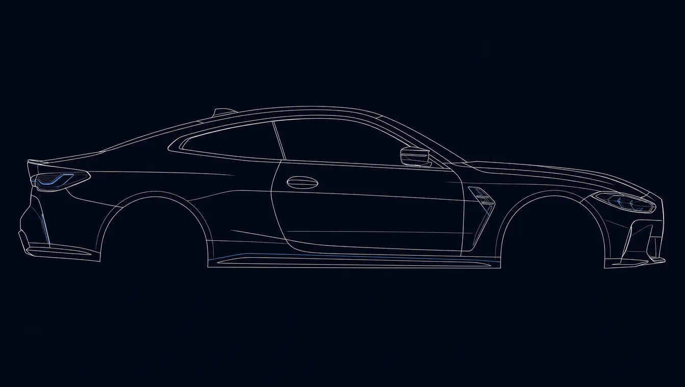 BMW M4 side-profile technical drawing in blueprint style