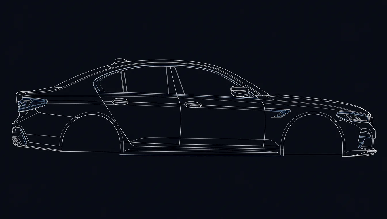 BMW M5 side-profile technical drawing in blueprint style