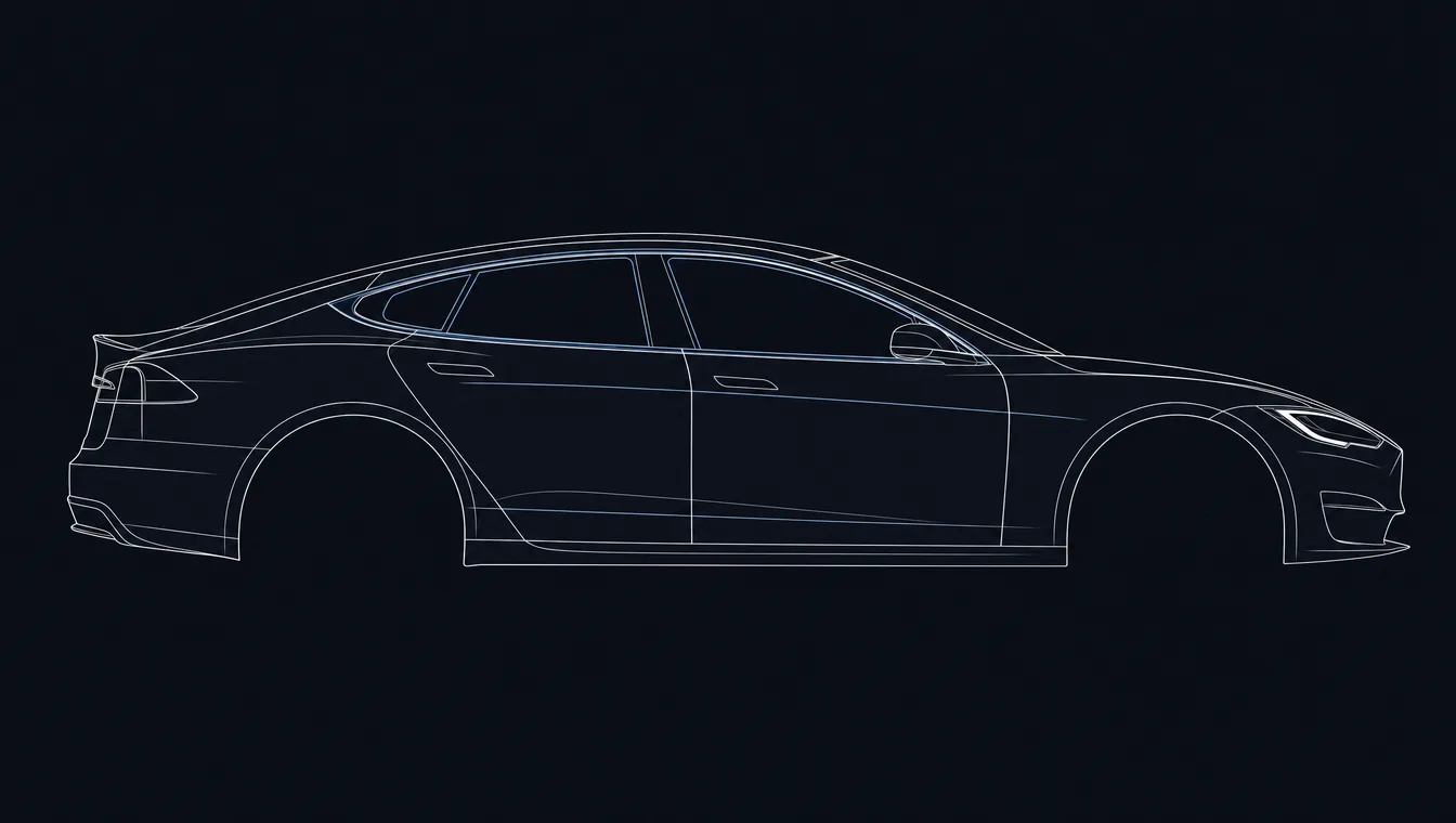 Tesla Model S side-profile technical drawing in blueprint style