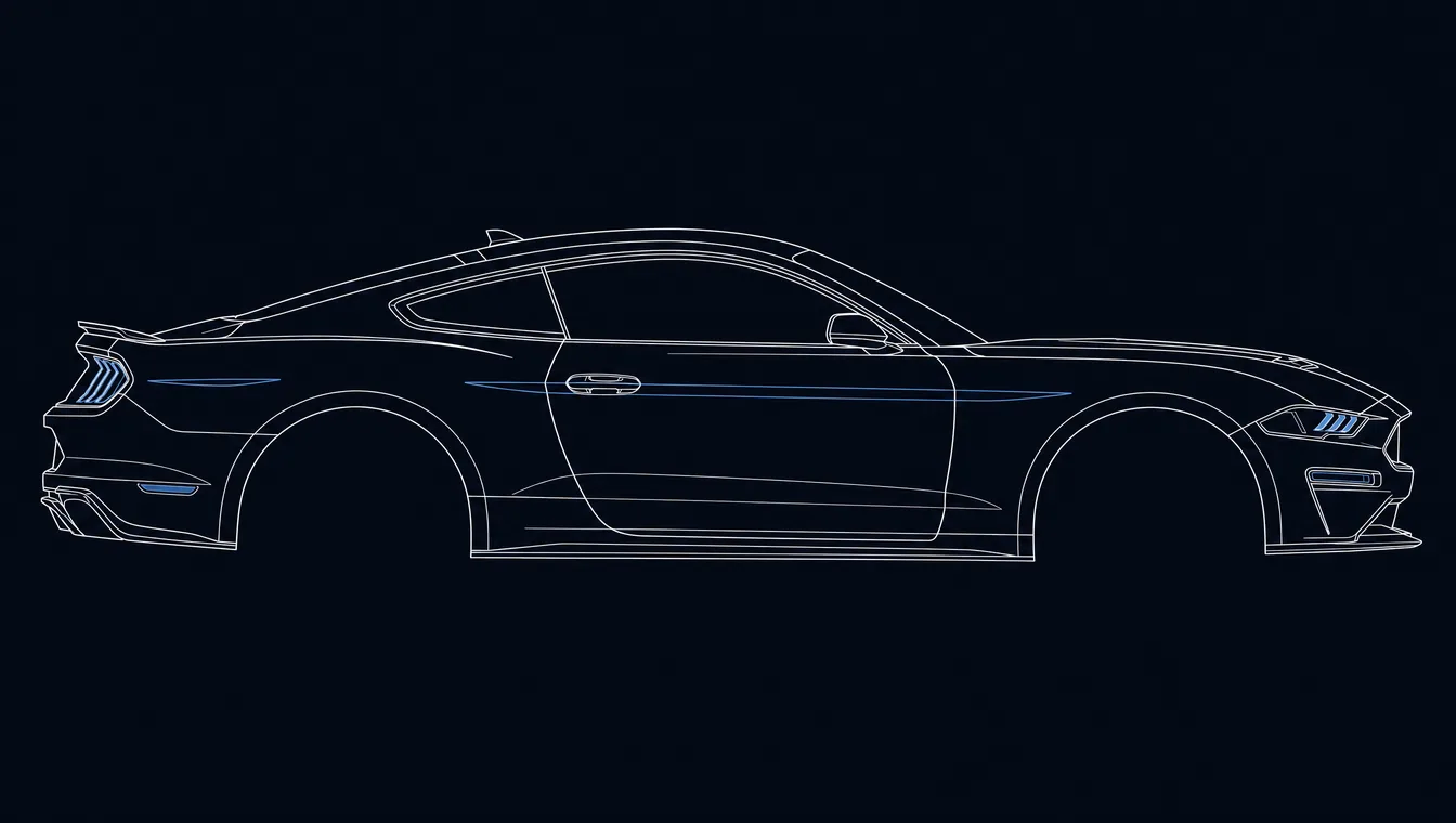 Ford Mustang side-profile technical drawing in blueprint style