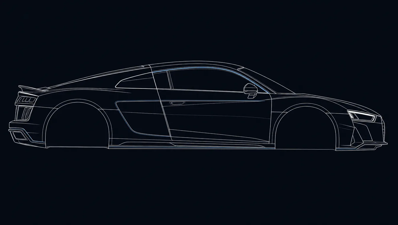 Audi R8 side-profile technical drawing in blueprint style