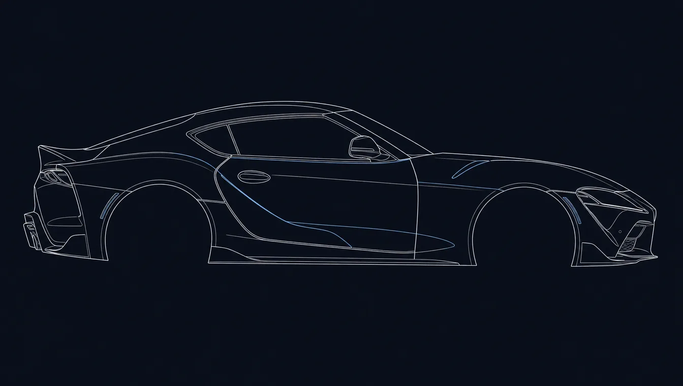 Toyota Supra side-profile technical drawing in blueprint style