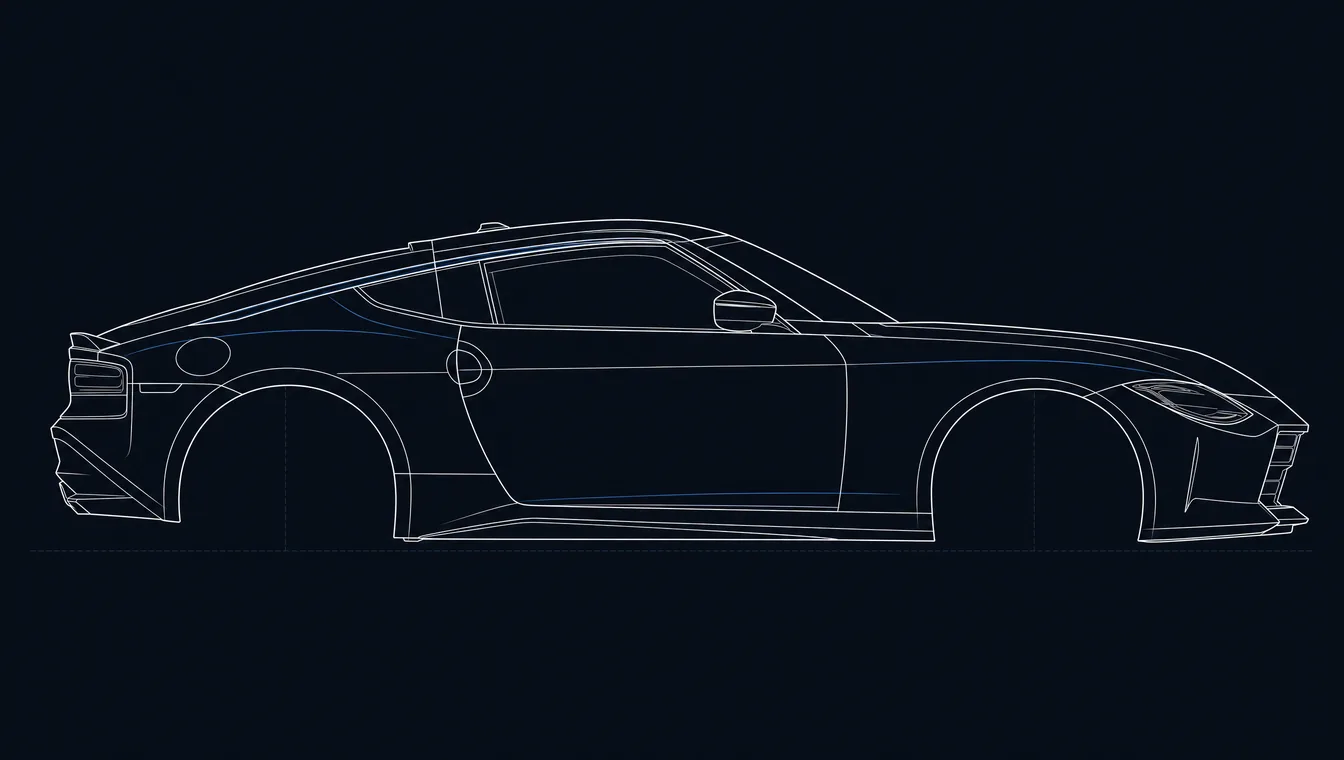 Nissan Z side-profile technical drawing in blueprint style